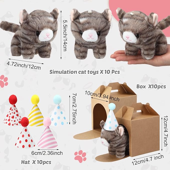 10 Set Kittens Stuffed Animals Bulk with 10 Birthday Hats 10 Kraft Paper Boxes Mini Plush Toys Small Stuffed Cat Pet Gifts for Kids, School Birthday Animal Decor(Standing Style)