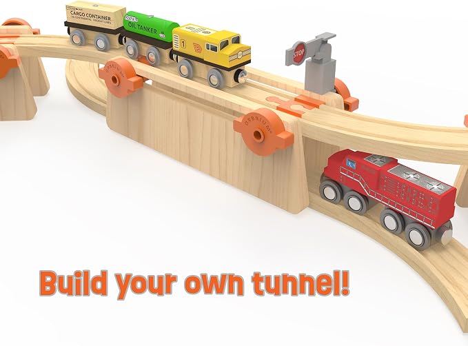 Wooden Train Track Accessories Build & Play Construction Set 90 PCS Ultimate Elevated Railway STEM Toys Track Expansion Pack Ascending Tracks Risers Bridges Tunnel Stop Go Gate Compatible Thomas Brio