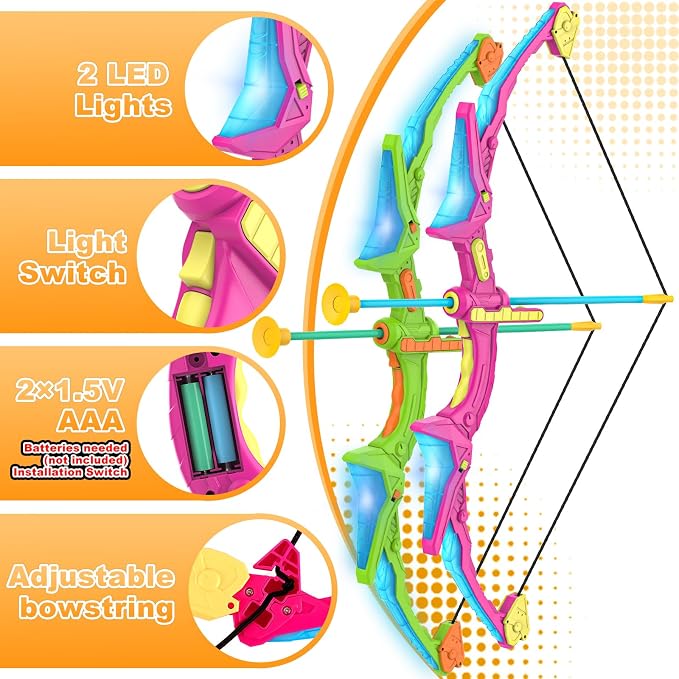 Kmuxilal 2 Pack Kids Bow and Arrow Set with LED Flash Lights, 14 Suction Cup Arrows and Standing Target-Perfect Indoor and Outdoor Archery Set Toy Gift for Boys and Girls Ages 4-12