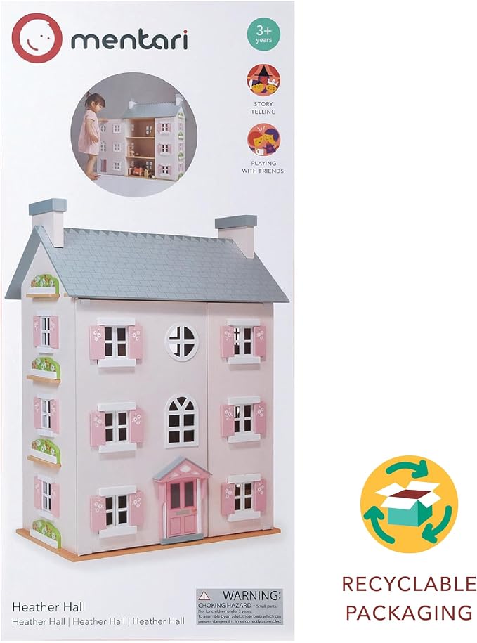Mentari Toys - Heather Hall - Large 4-Storey Wooden Dollhouse - DIY Doll House with Easy Assembly, Holiday Birthday Gift for Kids Girls Age 3+, Inspires Imaginative Role Play