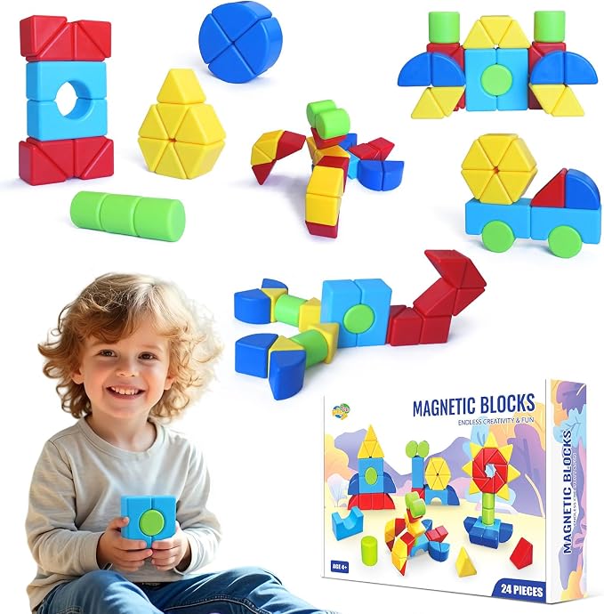 1.65 Inch Magnetic Building Blocks, 3D Shapes Large Magnetic Blocks for Kids Ages 4+, 24PCS Educational Construction Blocks for Boys and Girls