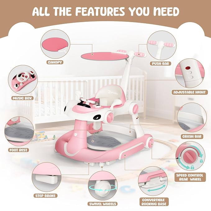 6-in-1 Foldable Baby Walker Activity Center Bouncer Rocker 6-18 Months