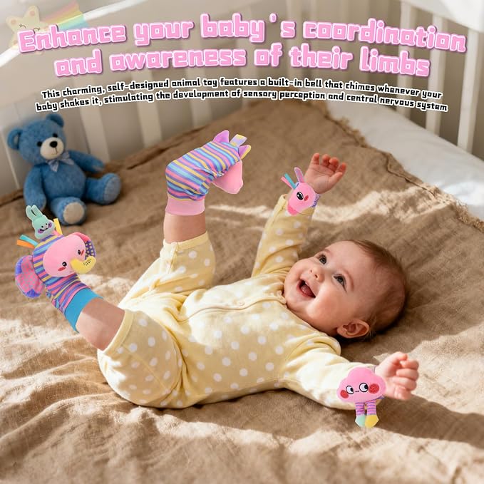 Baby Toys 0-6 Months, Rattle Socks and Wrist Sensory Toys for Infants, Socks and Foot Finder Set with Sound for Babies 6-12 Months, 0-12 Months Newborn Essentials Toy, Baby Girl Shower Gifts - Pink