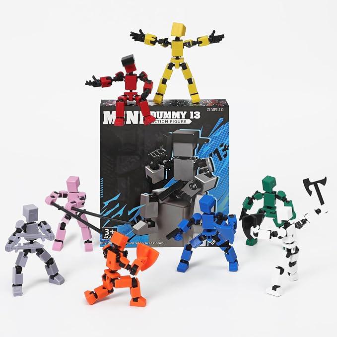 4PCS Mini Titan T-13 Action Figures Set, Assembly Completed Luck Dummy Robot 13 Action Figure Toys for Boys Stick Figures with Multi Joints Movable Fidget Gifts for Kids(Black+Orange+Green+Blue)