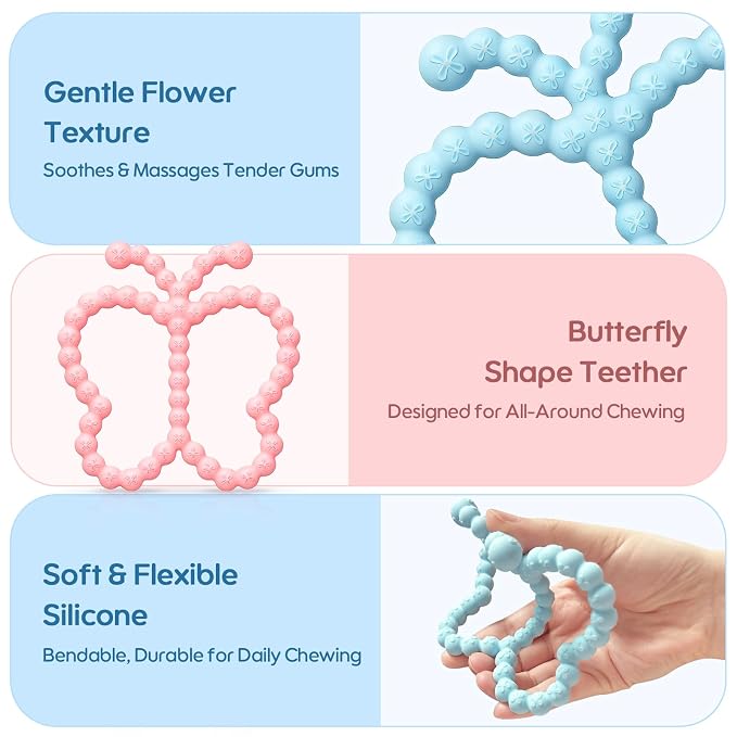 2 Pack Butterfly Teething Toys for Babies 3-6 6-12 Months, BPA Free Silicone Baby Teether Toys for Teething Relief, Easy-Grip Double Ring Infant Newborn Chew Toys for Sucking Needs