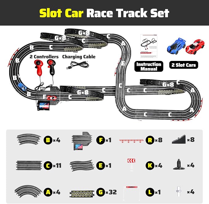 Slot Car Race Track Set for Kids Ages 6-12 Boys & Girls, Dual Racing Game 2 High-Speed Cars 1:64 Scale, Battery or Electric Powered Plug-in Track, Gift Toy Stocking Stuffers for Children