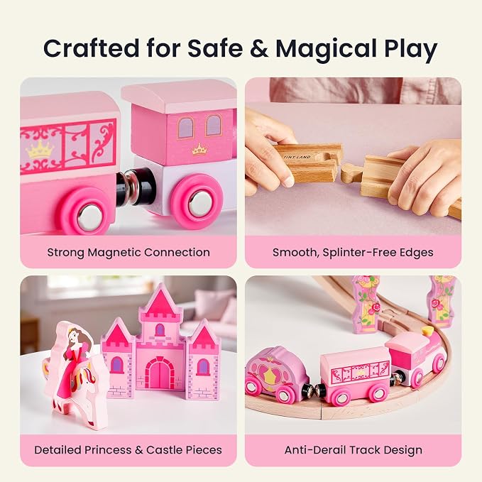 Tiny Land Wooden Train Set for Girls, 38PCS Unicorn Princess Train Set with Castle Bridge & Royal Accessories, Pink Fantasy Train Track Set, Gift for Toddlers Girl Toys Ages 3+