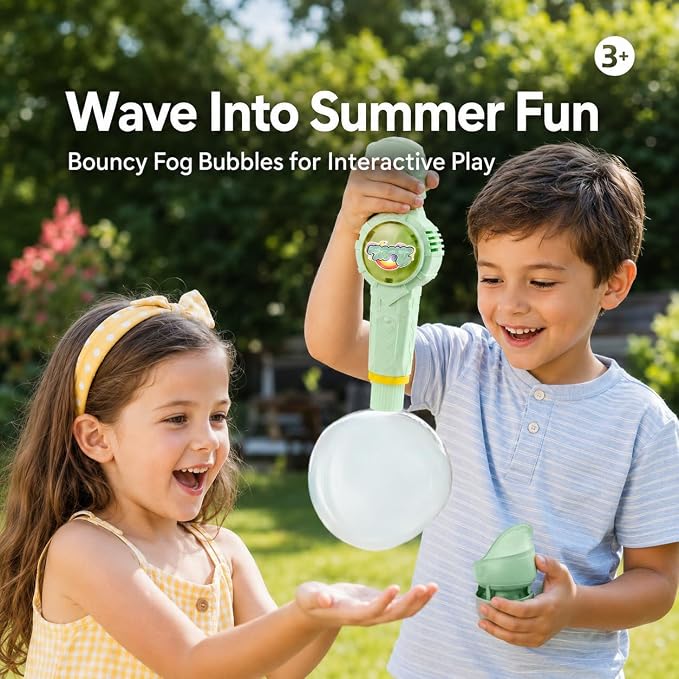 Fog Bubble Machine, Electric Smoke Bubble Maker with Music & Colorful Lights, Magic Interactive Bubble Fog Game for Kids Parties Gift, Includes 3 Refills, Green