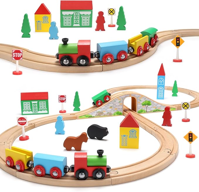 SainSmart Jr. Wooden Train Set for Toddler with Double-Side Train Tracks Fits Brio, Thomas, Melissa and Doug, Kids Wood Toy Train for 3,4,5 Year old Boys and Girls