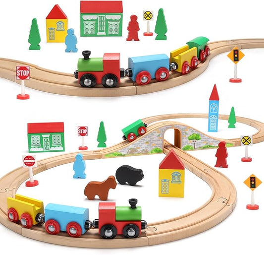 SainSmart Jr. Wooden Train Set for Toddler with Double-Side Train Tracks Fits Brio, Thomas, Melissa and Doug, Kids Wood Toy Train for 3,4,5 Year old Boys and Girls