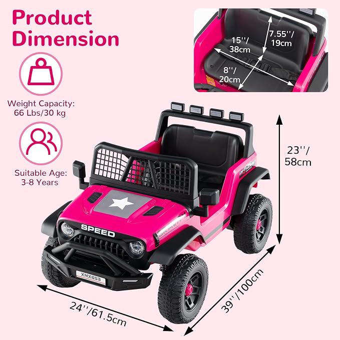 OLAKIDS 24V Ride on Car with Remote Control, Bluetooth, LED Lights, Horn, Spring Suspension, High/Low Speeds, Soft Start for Kids Aged 3+ (Pink)
