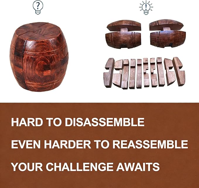 Wooden Brain Teaser Puzzles for Adults - Challenging 3D IQ Logic Games for Teens 14+, Stress Relief Desk Toys & Office Decor, Unique Gifts for Men, Women, Seniors (Barrel)