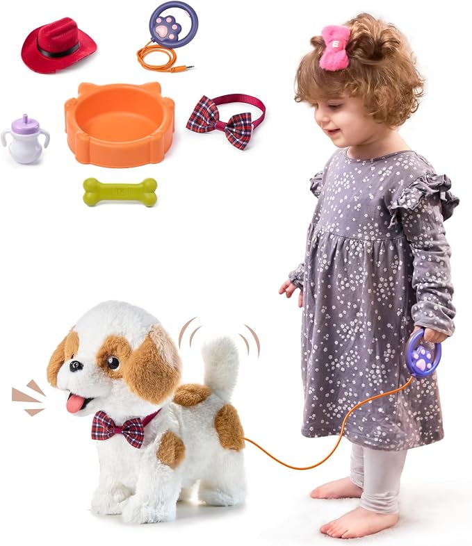 OR OR TU Walking Barking Toy Dog with Remote Control Leash, Plush Puppy Electronic Interactive Toys for Kids, Wag Tail, Singing, Pretend Dress Up Realistic Stuffed Dog Age 3 4 5 6 Years Old Best Gift