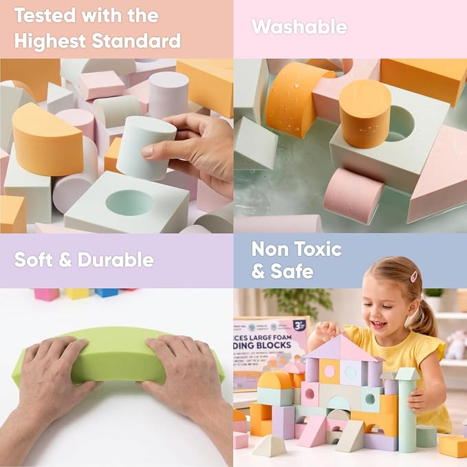 Set of 34 Jumbo Large Foam Blocks for Toddlers - Stacking Soft Blocks for Kids with Shapes & Colors Learning - Construction Building Preschool Toys - Giant Foam Bath Blocks for Toddlers 3-5 & above