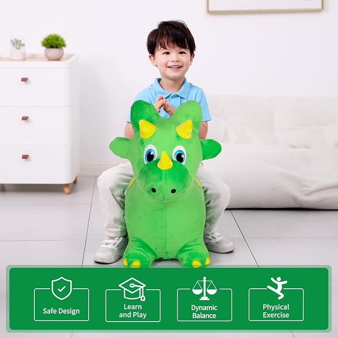 INPANY Bouncy Horse, Dinosaur Hopper Toys, Toddler Plush Bouncing Animal, Dinosaur Birthday Party Decorations, Inflatable Ride on Rubber Triceratops Bouncer, Outdoor for 2 3 4 Yr Boy Girl