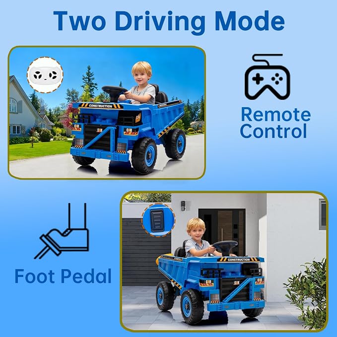 12V Ride On Dump Truck Kids Ride On Car for Kids, Battery Powered Electric Car with Remote Control, Electric Dump Bed, Wear-Resistant Tires, 4 Wheels Tractor Ride On Toys, Blue