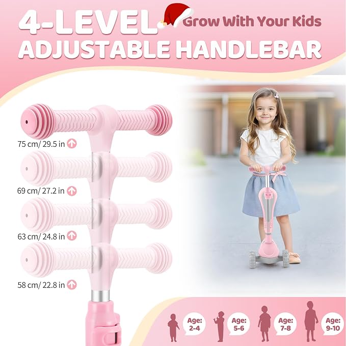 Kids Scooter with Seat, 2 in 1 Kick Toddler Scooter with LED Light-Up Wheels and Light up Deck, 4 Adjustable Heights, Lean to Steer, 3 Wheels Scooter Suitable for Boys & Girls Ages 2-8 Years