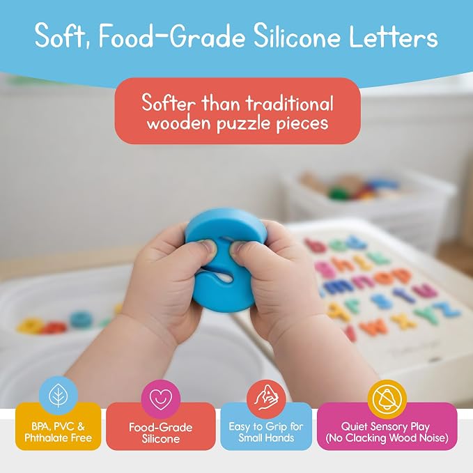7 Days of Play Lowercase Alphabet Puzzle for Kids, Sensory Bin Insert for Sensory Tables, Silicone Letters, Wooden Fine Motor Learning Toy