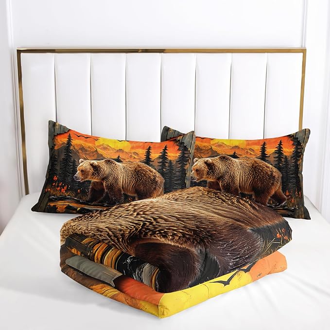 AILONEN Rustic Bear Bedding Set Queen Size,Wildlife Hunting Comforter with 2 Pillowcases,3-Piece Woodland Pine Forest Animal Duvet Set