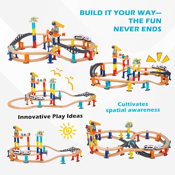 60Pcs Wooden Train Track Set, 203-inch Track Length, Train Bridge Toy Set for Toddlers, Scenario Building Blocks Toddler Toys with Airplane and Magnetic Crane, Birthday Gift Ideas for Boys and Girls