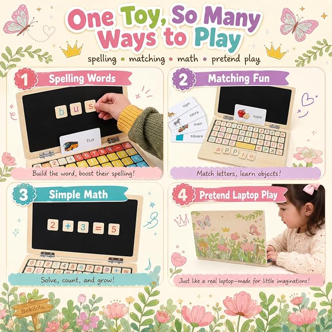 Montessori Toys 4 Year Old Girl Birthday Gifts 11.8" Floral Laptop, Homeschool Essentials, Educational Learning Pretend Play, Toddlers Toys, Customized Flashcards Learning