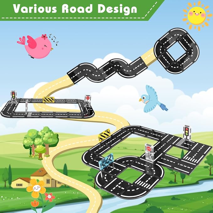 Magnetic Tiles Road Expansion Pack 48 PCS, Magnet Road Tiles for Kids Ages 3-5 4-8 5-7, Expansion Magnetic Building Blocks Educational STEM Creativity Toys 3+ Year Old Boys & Girls Toddlers Kids Gifts