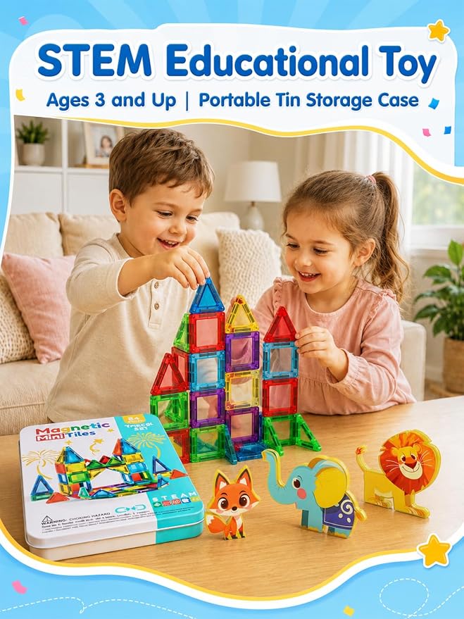 45PCS Mini Magnetic Tiles for Kids Ages 3-8, Travel Magnetic Building Blocks Set with 5 Animal Figures, STEM Toys for Boys Girls, Portable Tin Case, Lion Zebra Fox Elephant Crocodile