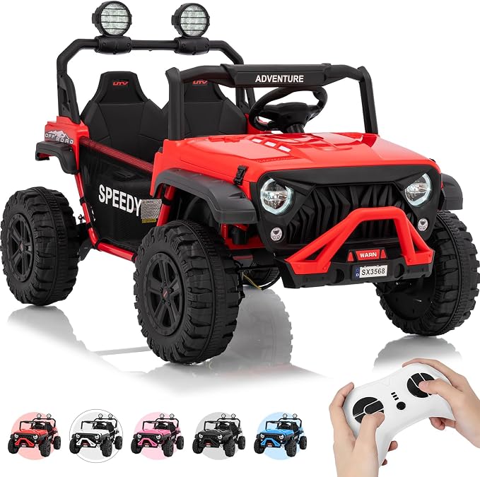 2 Seater Ride on Car for Kids, 24V Ride on Toy, Fast 4.97MPH Truck, 4WD Kids Electric Vehicles with Remote Control, Spring Suspension, Front & Behind LED Lights, Dual Storage, 3 Speeds, Music, Red