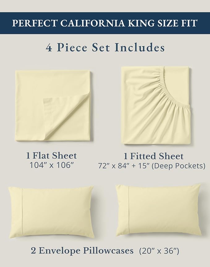 LANE LINEN California King Bed Sheets 100% Organic Cotton Soft - Vanilla | Cal King Sheets In Pure Long-Staple Organic Cotton - Breathable For Year-Round Sleep, Best-Value Organic Cotton