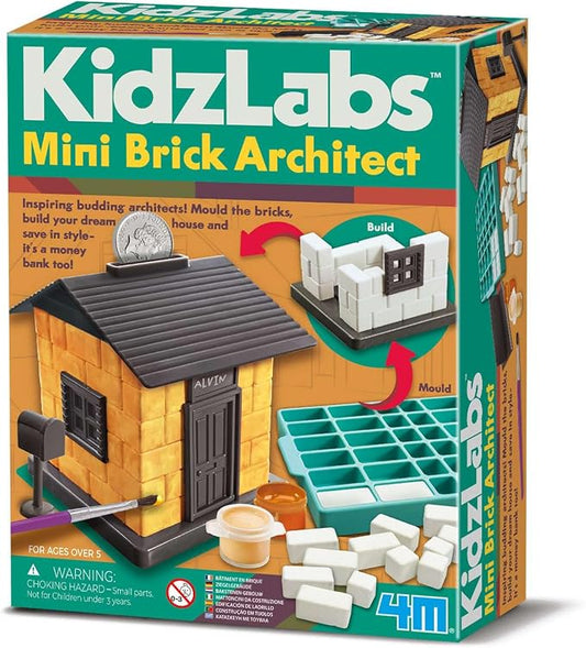 4M Mini Brick Architect Kit for Kids Ages 8-12 – Build a Brick House Money Bank, Mould 2 Sets of Plaster Bricks, STEM Construction Set with Trowel, Paint, Door, Windows, Roof, Educational Gift