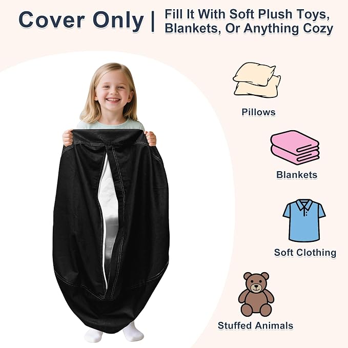 Lukeight Stuffed Animals Storage Bean Bag Chair Cover for Adult Teen, Cozy Velvet Plush Toy Organizer Seat, Cover Only, No Filling Included, Long YKK Zipper, Side Pocket, XXX-Large 42 x 23 in