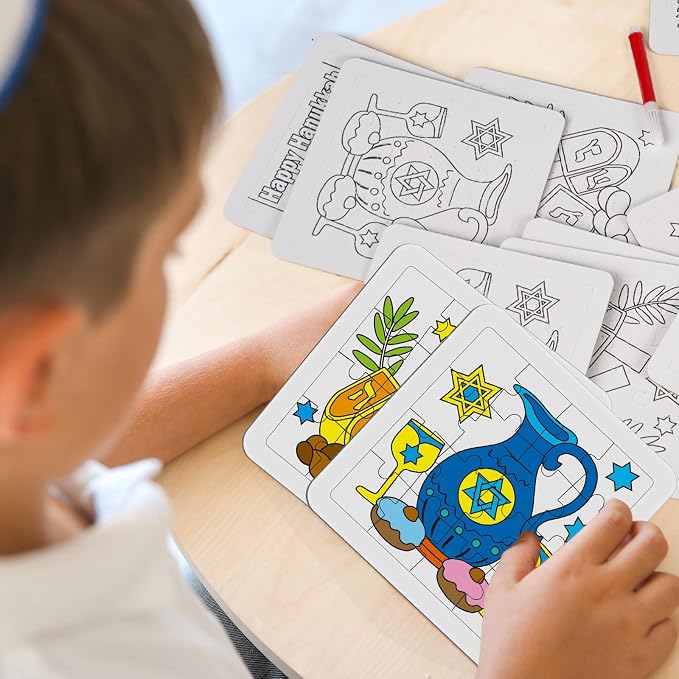 Cinrobiye 24 Sets Hanukkah Coloring Jigsaw Craft Kit for Kids, DIY Chanukah Activity Set with 8 Designs, Festival of Lights Party Favors, Winter Holiday Classroom Art Projects