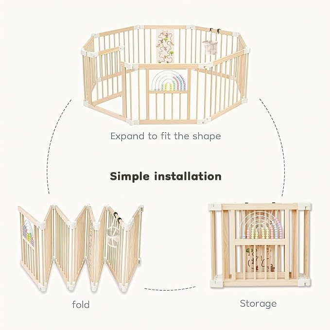 Ulnxiy Wooden Baby Playpen with Montessori Toys, 8-Panel Foldable Wood Play Yard for Toddlers, 56"x56" Large Baby Fence with Safety Lock, CPC Certified Natural Pine Wood Activity Center