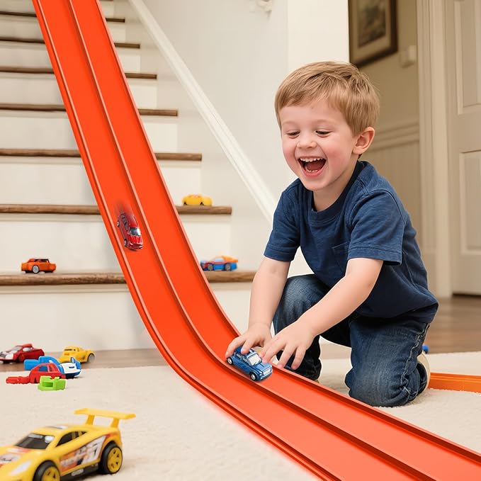 Upgrade Flexible Race Track Flex Tracks for Kids 3+, 15Ft Race Car Track Compatible with Diecast 1/64th Cars, Flexible Car Track Roll Up Car Ramp Toy with Strong Suction Cups (Persimmon)