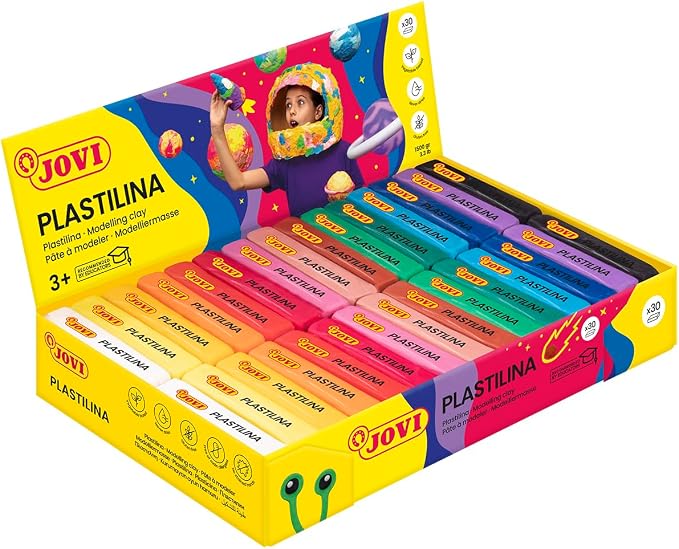 Jovi - Reusable and Non-Hardening Modeling Clay, 30 1.75oz Bars, 15 Colors | Non-Toxic and Gluten-Free, for Arts and Crafts Projects, multicolor, vegetable base