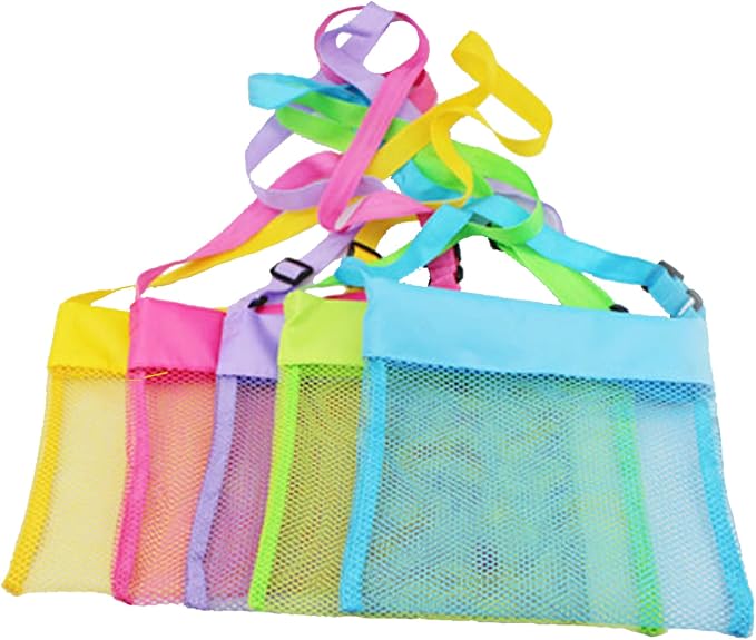LEMAXELERS 5-PCS Colorful Mesh Beach Bag Shell Collecting Bag Toy Holding Shells with Adjustable Carrying Straps Beach Bags for Kids (5-Pack)