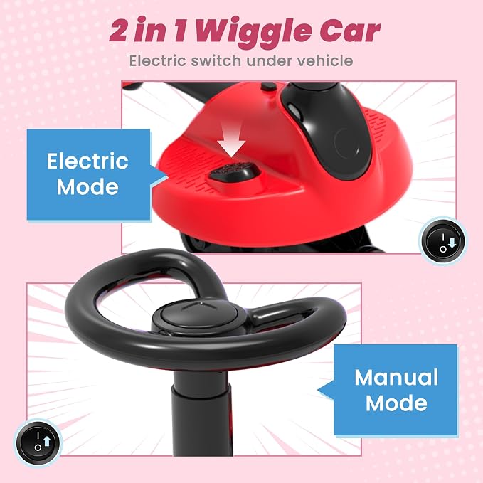 6V Electric Wiggle Car for Kids, 2-in-1 Ride On Swing Toy with Pedal, Adjustable Seat, 360° Steering, LED Flashing Wheels & Built-in Music, Anti-Rollover Ride-on Toy for Toddlers Ages 3+ Black