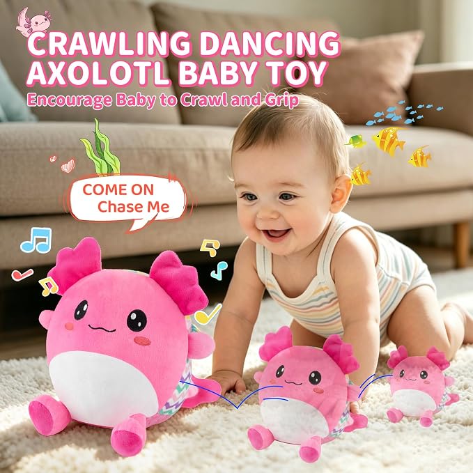 Baby Toys for 1 Year Old Girl Gifts, Pink Dancing Crawling Axolotl Interactive Baby Toy for 6-12-18 months, Rechargeable Musical Plush Toy with 50 Songs, Voice Recorder, Baby Girl Toddler Toys Age 1-3