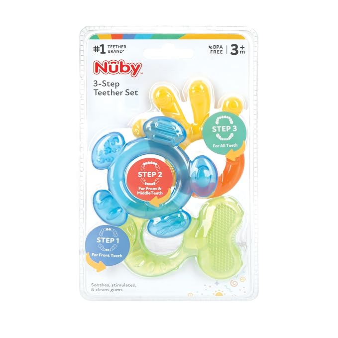 Nuby 3 Step Baby Teether Set for Teething Comfort - Soft and Hard Teethers for Babies - Soothes Sore Gums - 3+ Months