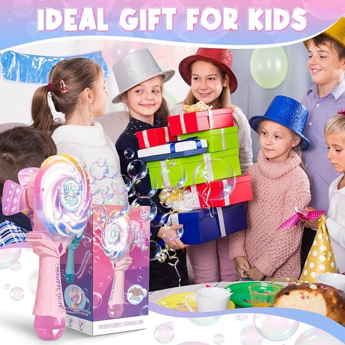 Bubble Wands for Kids Age 4-8: Windmill Light Up Automatic Bubble Machine Rechargeable With 2 Bubble Solution Outdoor Party Birthday Toys for Toddlers, Gift for 3 4 5 6 7 8 Year Old Girls, Pink