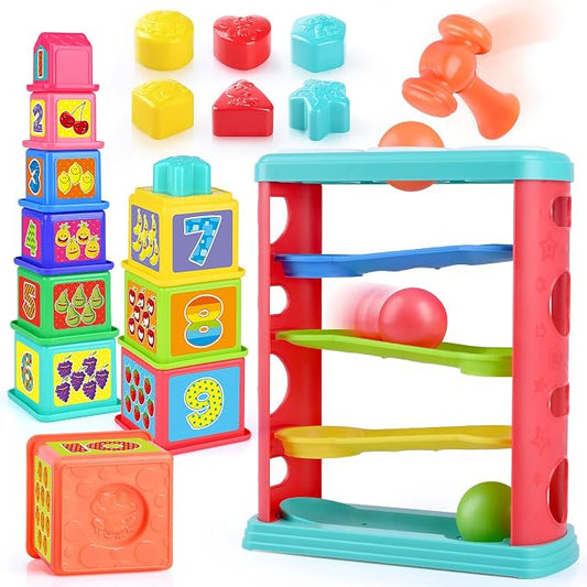 Pound a Ball Toy for Toddlers 1-3, Montessori Toys for Babies 12 18-24 Months, hammer, Stacking Cups, Shape Sorter Blocks, Early Developmental Educational Toys for 1 2 3 Year Old Boys Girls Kids Gift