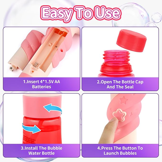 Bubble Wand for Girls, Automatic Bubble Machine Wand Toys with Light, Outdoor Party Toys for 3 4 5 6 Year Old Girl Wedding Easter Birthday Gifts Include Bubble Solution