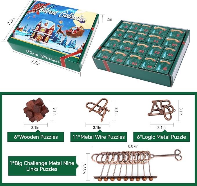 Advent Calendar 2025, Christmas Countdown Calendar Gift Box with 24 Brain Teaser Puzzles, 24 Days Metal & Wood Brain Teaser Puzzles Xmas Countdown Calendar Challenge for Adults Teens Boys Girls