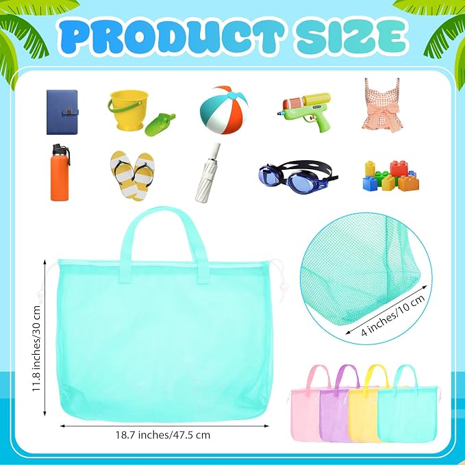 Paterr 4 Pcs Mesh Beach Tote Bag Seashell Bags Foldable Large Beach Toy Organizer with Drawstring, Pool Gym Swimming Camping Accessories Lightweight Foldable Birthday Gifts (4 Colors)