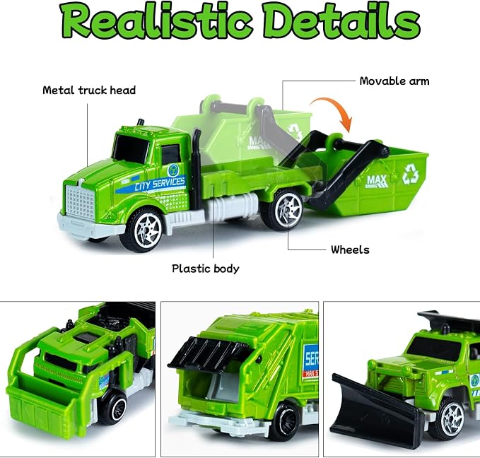 6 Pack Diecast Garbage Truck Toys for Kids, Mini Alloy Sanitation Truck Toy Recycling Sanitation Trucks Model Set, Educational Toddler Car Toys Birthday Gifts for Boys Girls 3-7 8