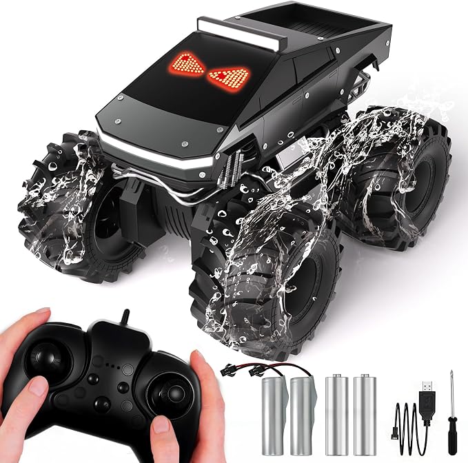 Remote Control Car with LED Dynamic Eyes, 1:18 Amphibious RC Cars, 4WD All Terrain Pickup, 2.4GHz Waterproof Cyber Truck, 360° Rotatable Monster Truck Toys for Boys Birthday Gifts Age 6 7 8 9+(Grey)