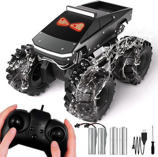Remote Control Car with LED Dynamic Eyes, 1:18 Amphibious RC Cars, 4WD All Terrain Pickup, 2.4GHz Waterproof Cyber Truck, 360° Rotatable Monster Truck Toys for Boys Birthday Gifts Age 6 7 8 9+(Grey)