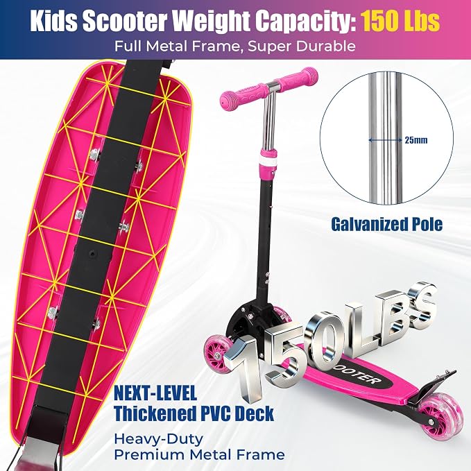 3 Wheel Scooter for Kids Ages 3-12, LED Light-Up Kids Kick Scooter–Portable Foldable, Adjustable Height, Durable Metal Construction, 6" Extra Wide Deck for Outdoor Activities,Child Safety Certified