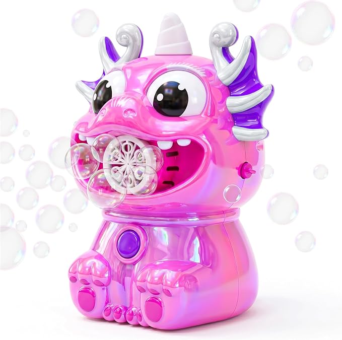 No Spill Bubble Machine for Kids, Rechargeable Bubble Monster (Pink) | Unique Designs Fashion Polished Surface, Colorful Bubble Maker for Indoor Outdoor Birthday Party Xmas Present