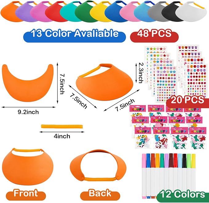 Outus 69 Pcs Assorted Craft Decorations with 48 Foam Visors for Kids, DIY Sun Visor Kit with Stickers & Markers for Arts & Crafts Activities (Classic Color)